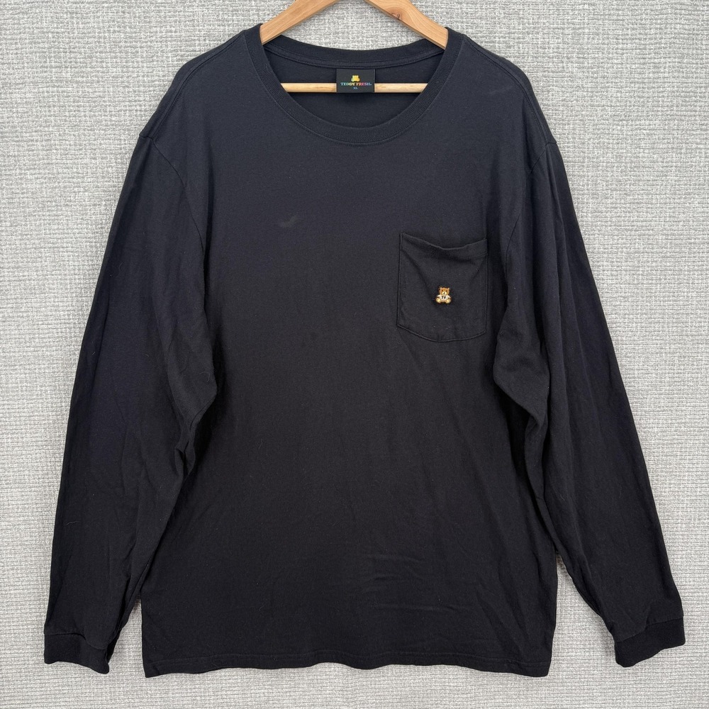 Teddy Fresh Shirt‎ Mens XL Black Long Sleeve Pocket Tee Teddy Bear Embroidered